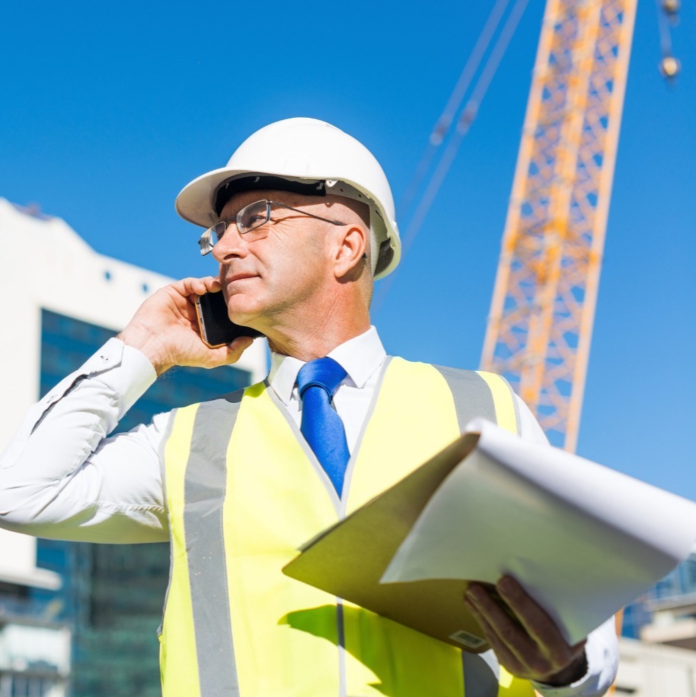 a man wearing a white hard hat and safety jacket talking on the phone in front of a crane