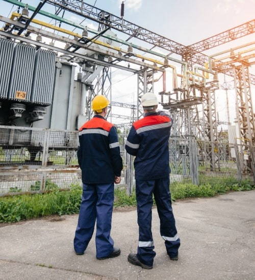 2 men stood wearing PPE looking at an electricity substation 