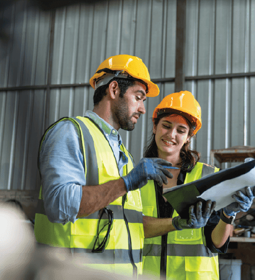 male and female engineer talking